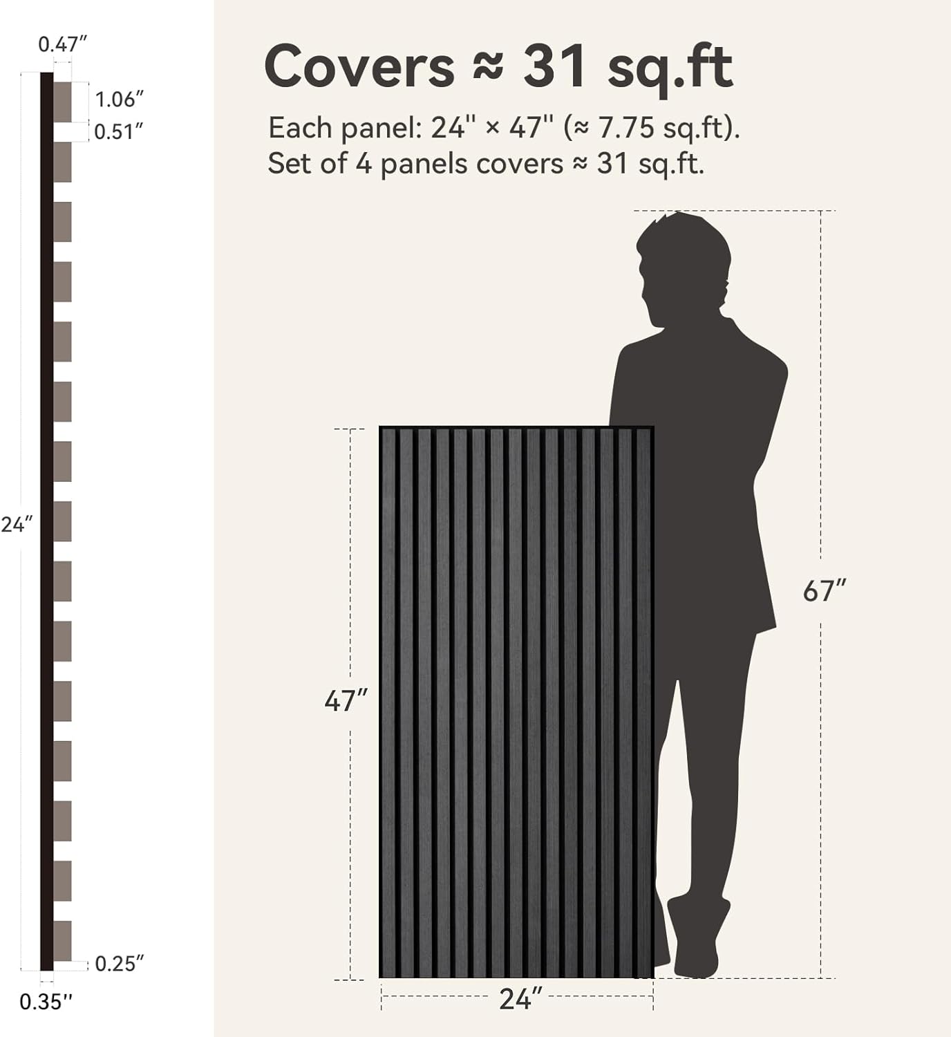 Upick Acoustic Wall Panels Sound Absorbing, 4 Pack 48 x 24 inch Sound Proof Foam Wall Panels & Wood Slat Wall Panels for Interior Wall Decor (Matte Black)