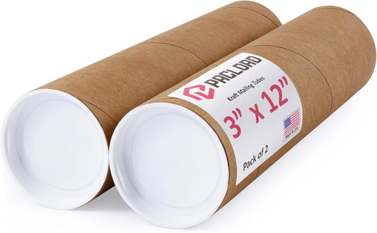 3" x 12" Reinforced Kraft Paper Mailing Tubes, Pack of 2 Tubes with 2 Caps Each – USPS Approved Poster Tube – Made in USA Cardboard Tube for Shipping and Storing Posters, Prints, Artwork, or Documents