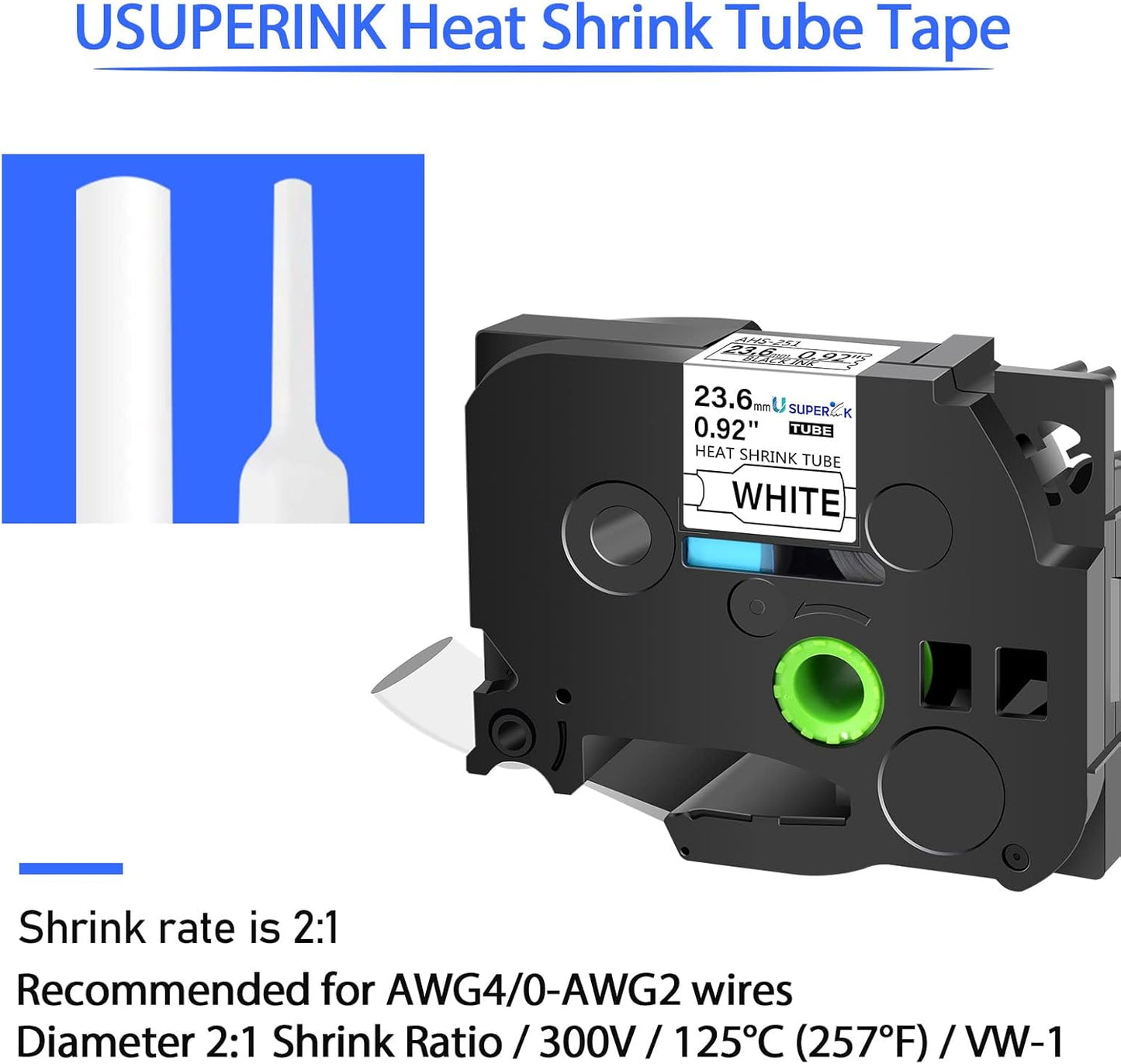 10PK Compatible for Ptouch HSe-251 HSe251 HS-251 HS251 Black on White 23.6mm 0.92'' Heat Shrink Tubing for Wire Cable for PT-P710BTPT-P750WPT-P750WVP Label Maker Tape