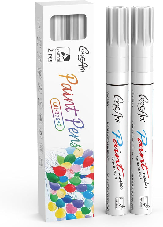 White Paint Pens Paint Markers, 2 Pack Oil Based Permanent Markers With 2-3mm Medium Point Tip For Rock Painting, Wood, Plastic, Metal, Canvas, Mugs Art Supplier (White,2 Pack)