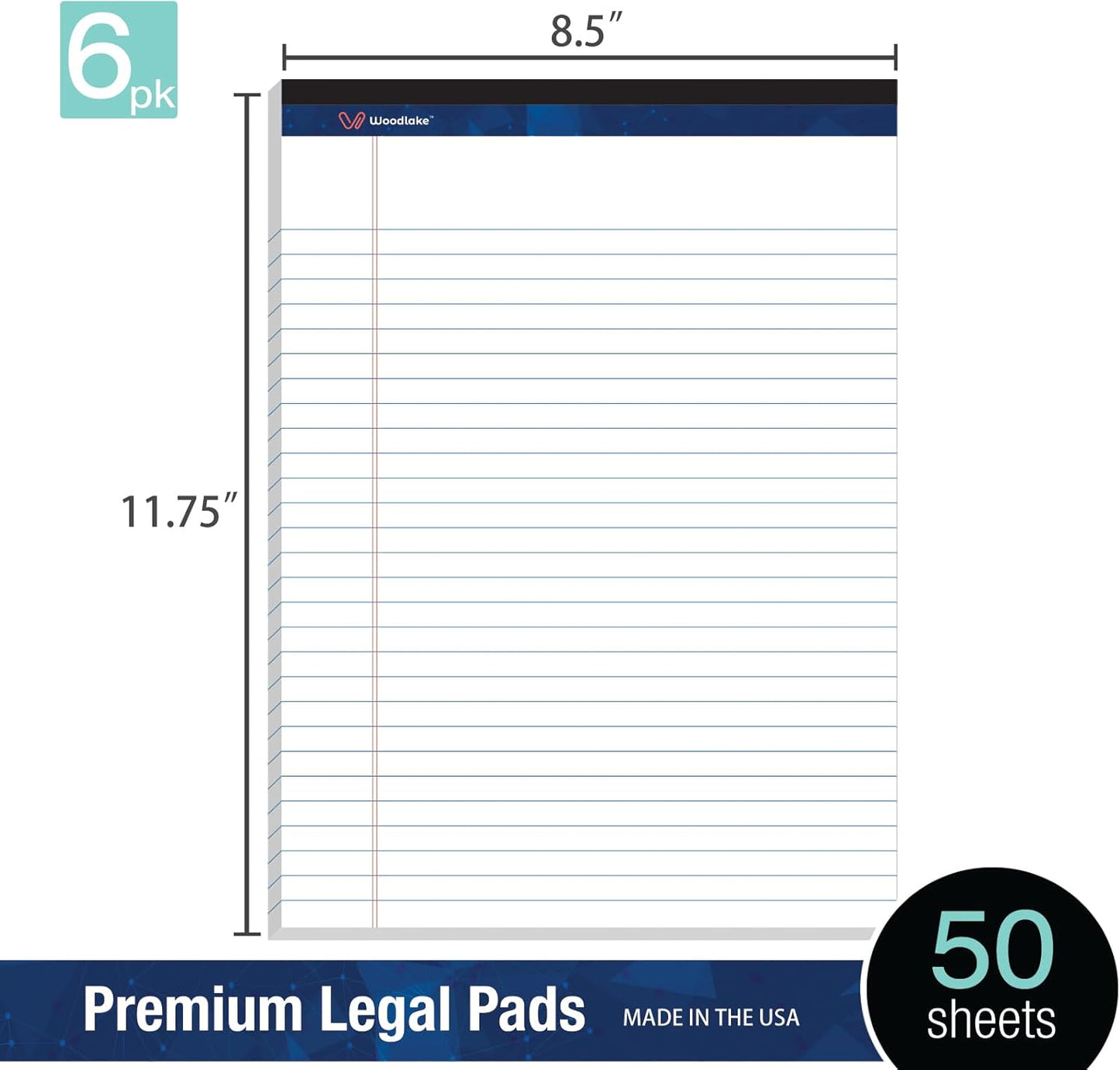 Woodlake Legal Pads 8.5 x 11 , 6 Pack, Wide Ruled Note Pad, Premium 60 GSM White Paper Pad, No Ink Bleed, Micro‑Perforated Notpad, Sturdy Chipboard Back, 50 Sheets/Pad,for School, Office & Home, Made in USA