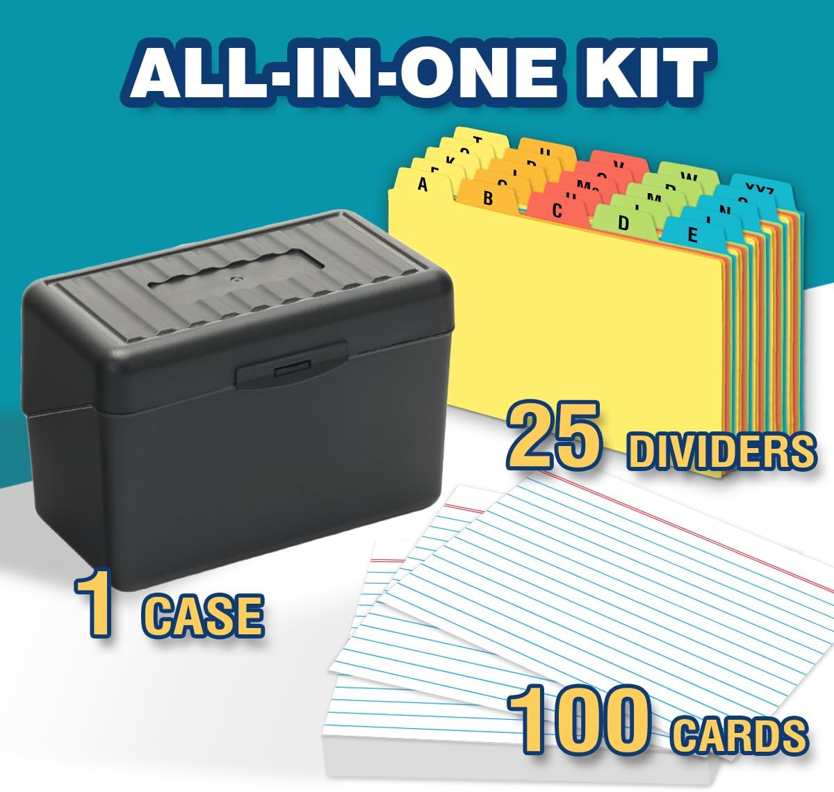 H4D 4x6 Index Card Holder with 100 Heavyweight Ruled Index Cards and 25 Plastic Dividers, Black