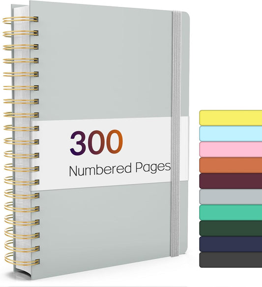 Forvencer Lined Spiral Journal Notebook with 300 Numbered Pages, B5 College Ruled Thick Journals for Writing with 100GSM Paper, Hardcover Notebooks with Contents for Work, School, Women, Men, Grey