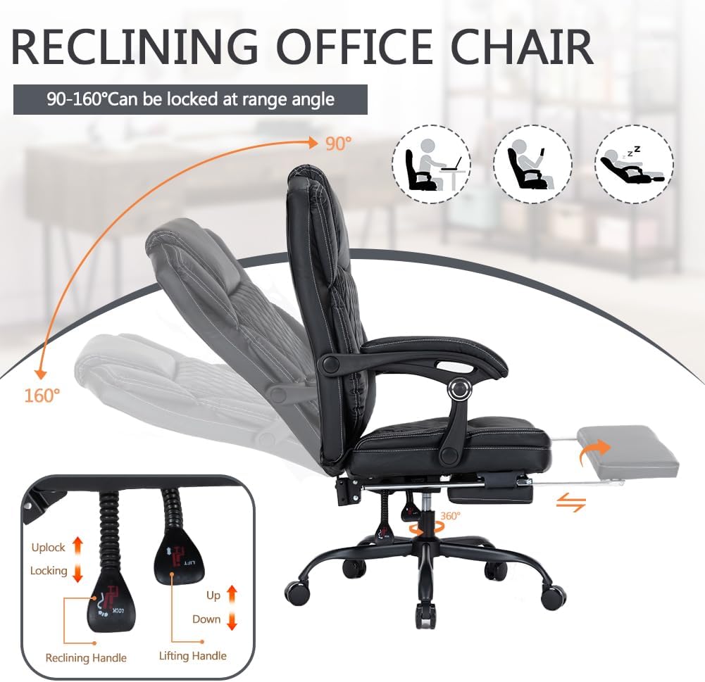 Ergonomic Office Chair with Foot Rest, Executive Chair with Footrest PU Leather Computer Chair, Big and Tall Chair Reclining Desk Chair, Thick Padded Coil Spring Seat, 400 lbs Capacity (Black)