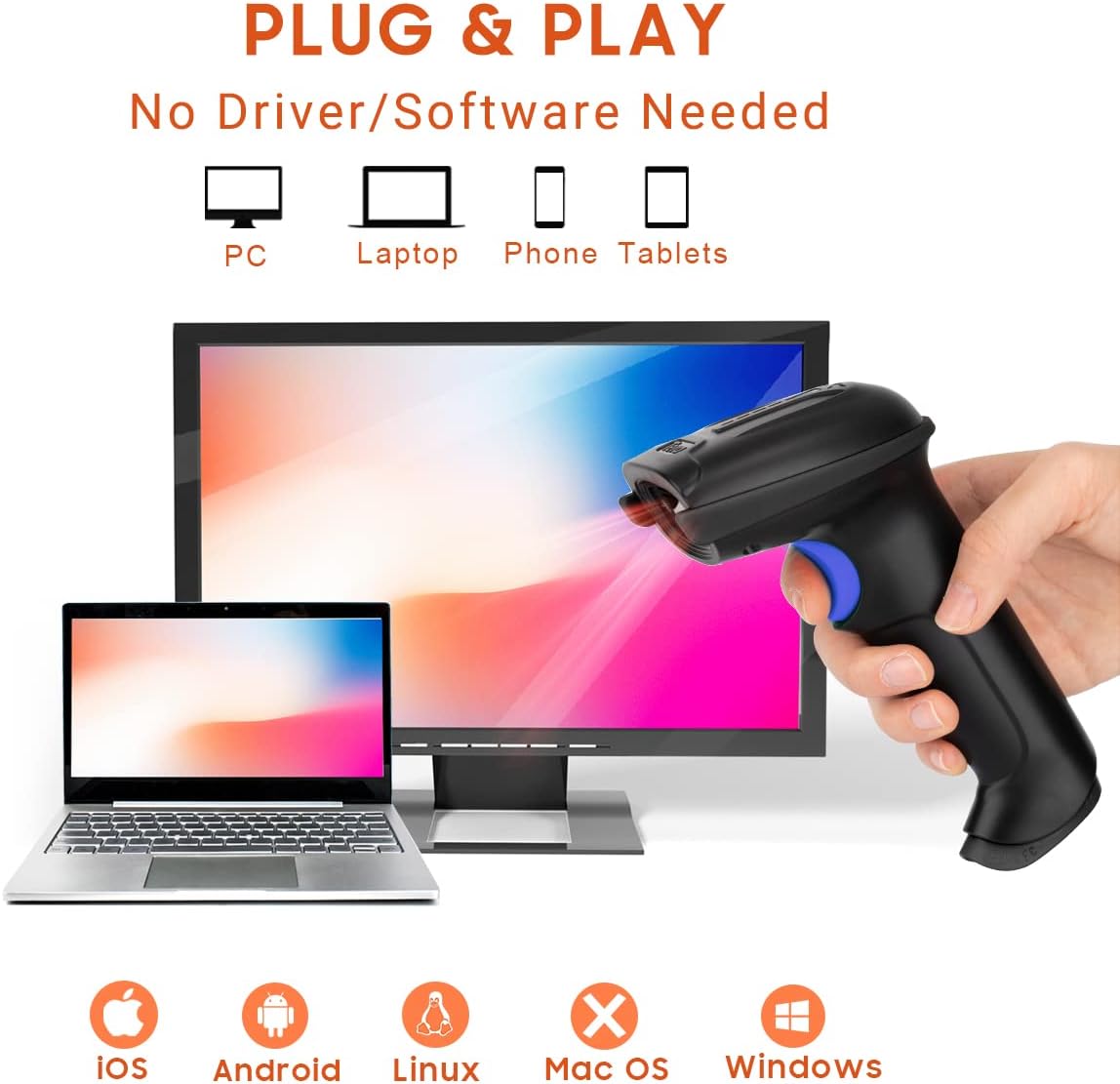 Tera Pro 1D Wireless Barcode Scanner 3 in 1 Bluetooth & 2.4G Wireless & USB Wired CCD Cordless 2500 Pixel Bar Code Reader with Battery Level Indicator for Windows Mac Android iOS Model T5100C