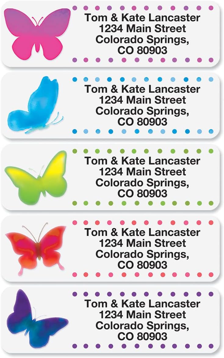 Watercolor Butterflies Rolled Personalized Return Address Mailing Labels with Dispenser, Set of 250, 5 Designs, Small ¾ x 2½ Inch Size, Custom Self-Adhesive Sticker Roll, by Colorful Images