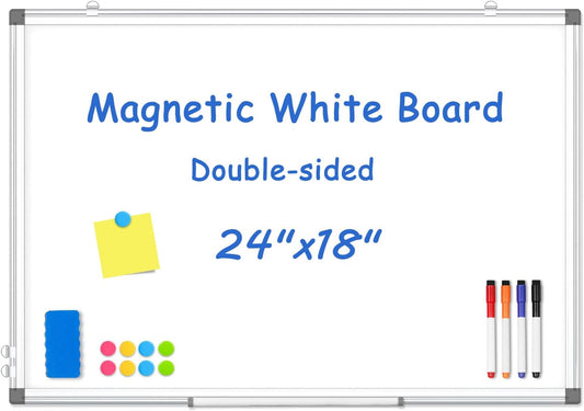 WALGLASS Double-Sided White Board, 24" x 18" Dry Erase Board Magnetic Whiteboard for Wall, Hanging Mounted Whiteboard Silver Aluminium Frame for Home, School, Office, Kitchen