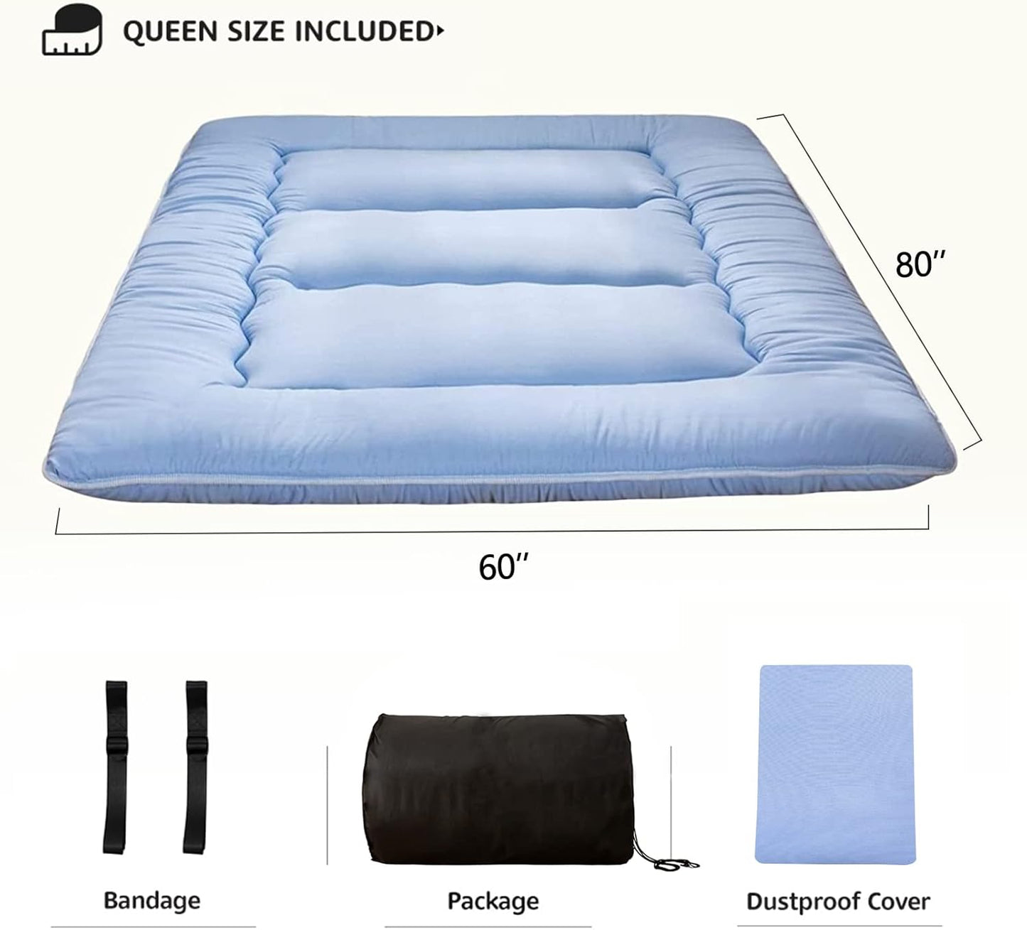 MAXYOYO Japanese Floor Mattress Futon Mattress, Thicken Sleeping Pad Foldable Roll Up Floor Futon for Adults Tatami Mat Dormitory Bed Lounger, Dusty Blue, Queen Size