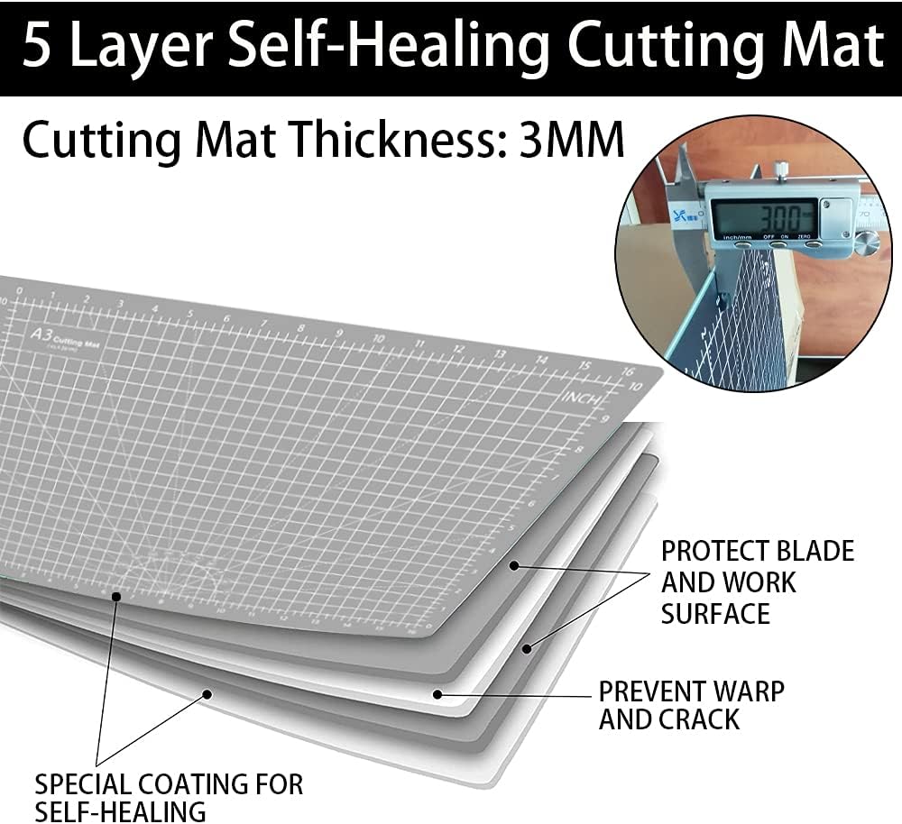 Headley Tools 18"x12" Thickened Self Healing Cutting Mat, A3 Rotary Cutting Sewing Mat for Crafts, Double Sided 5-Ply Table Cutting Board for Fabric Quilting Leather Hobby Project, Grey/Black