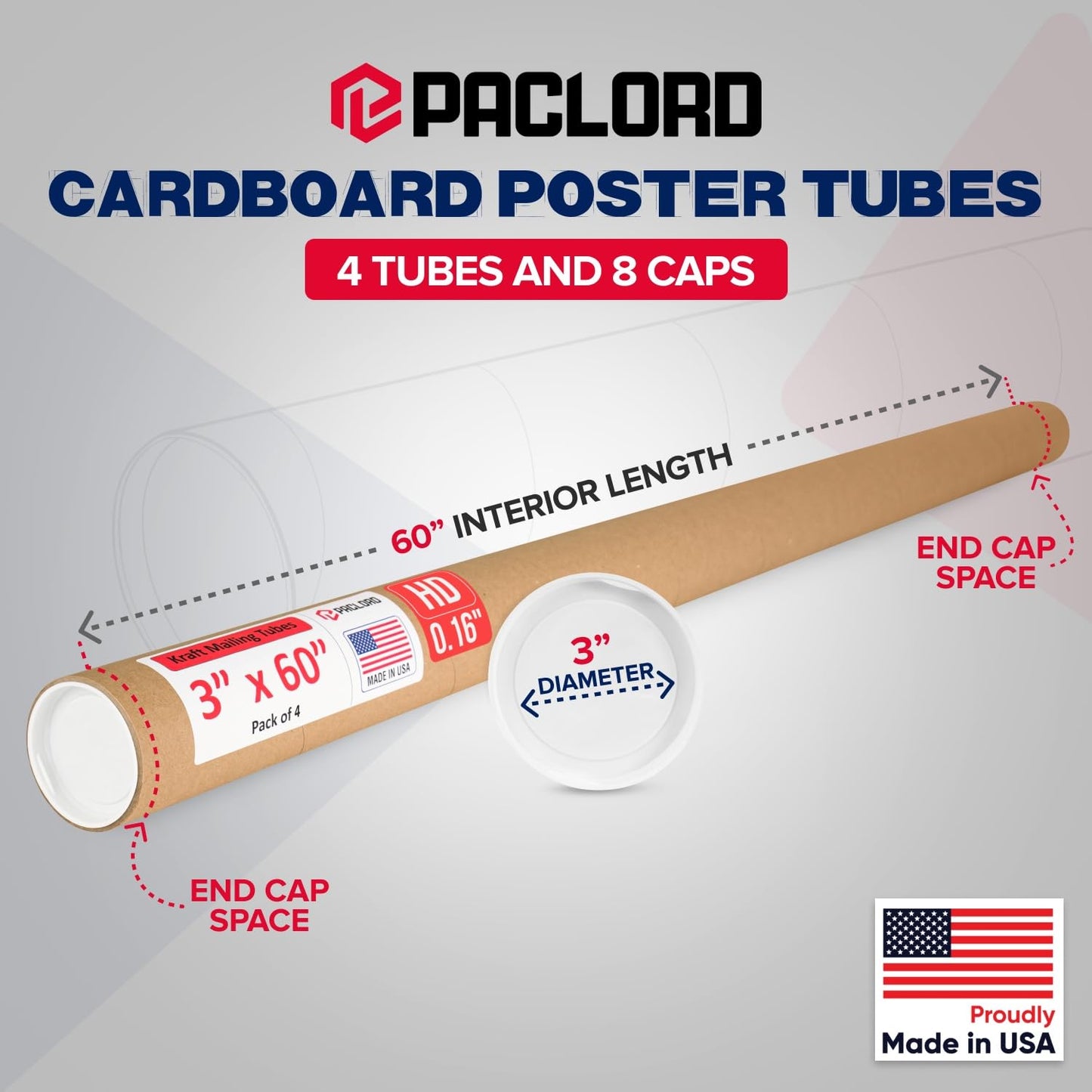 3" x 60" Heavy-Duty Reinforced Cardboard Mailing Tube, Pack of 4 Tubes with 8 Caps – Secure USPS Approved – Great for Shipping and Storing of Prints, Artwork, Posters or Documents