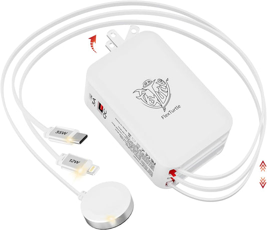 Apple Watch Charger Travel Essentials, 5 in 1 Travel Charging Station for Apple Devices, Retractable Wall Charger with 3*3.2ft Retractable Cables, Fast Charger Block for Apple Gear (White)