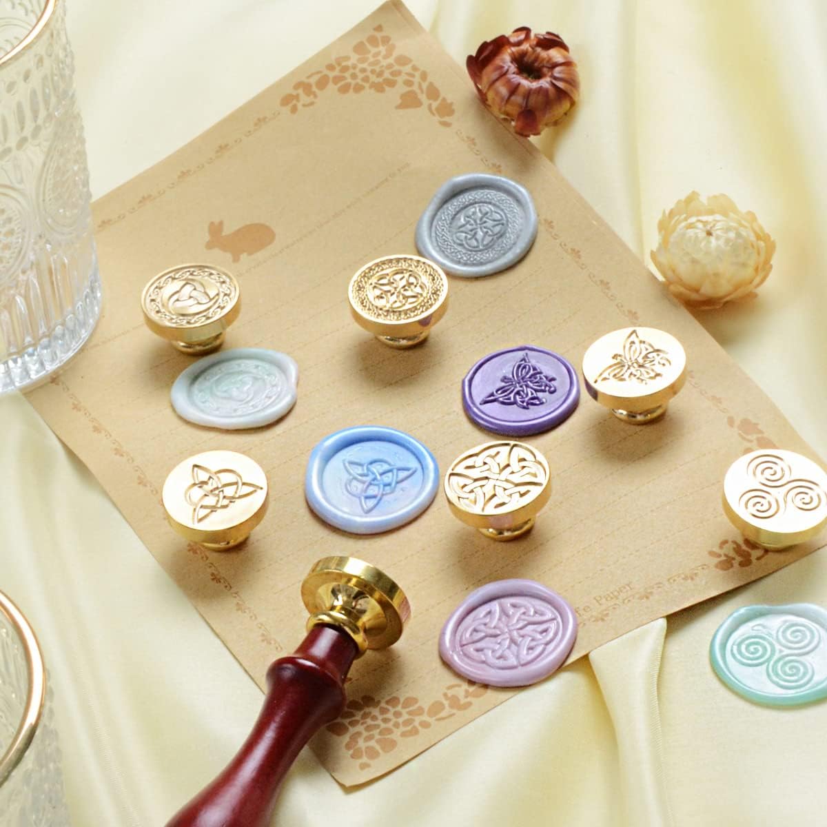 Celtic Knot Seal Wax Stamp with 6 Patterns Removable Brass Head + 1 Wood Handle, Represent Eternal Faith, Friendship, Love and Loyalty