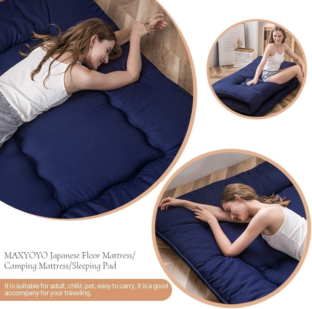 MAXYOYO Japanese Floor Mattress Futon Mattress, Thicken Tatami Mat Sleeping Pad Foldable Roll Up Mattress Boys Girls Dormitory Mattress Pad Kids Floor Lounger Pillow Bed, Navy, Full