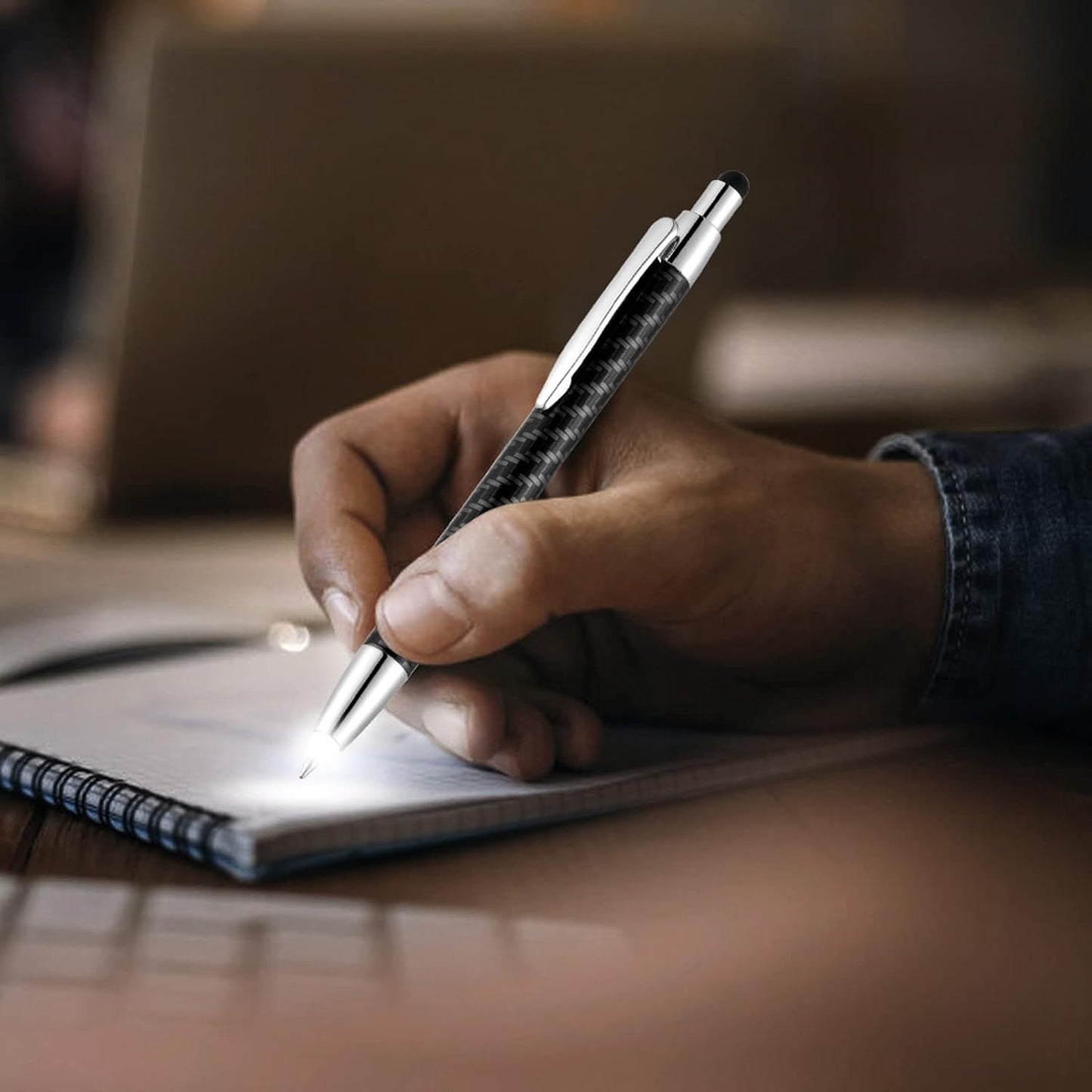 Glovion Lighted Tip Pen with Stylus 3-in-1 LED Penlight Light Up Pen Light Ballpoint Pen with Light for Writing in The Dark - Pack of 3 - White Light - GL006