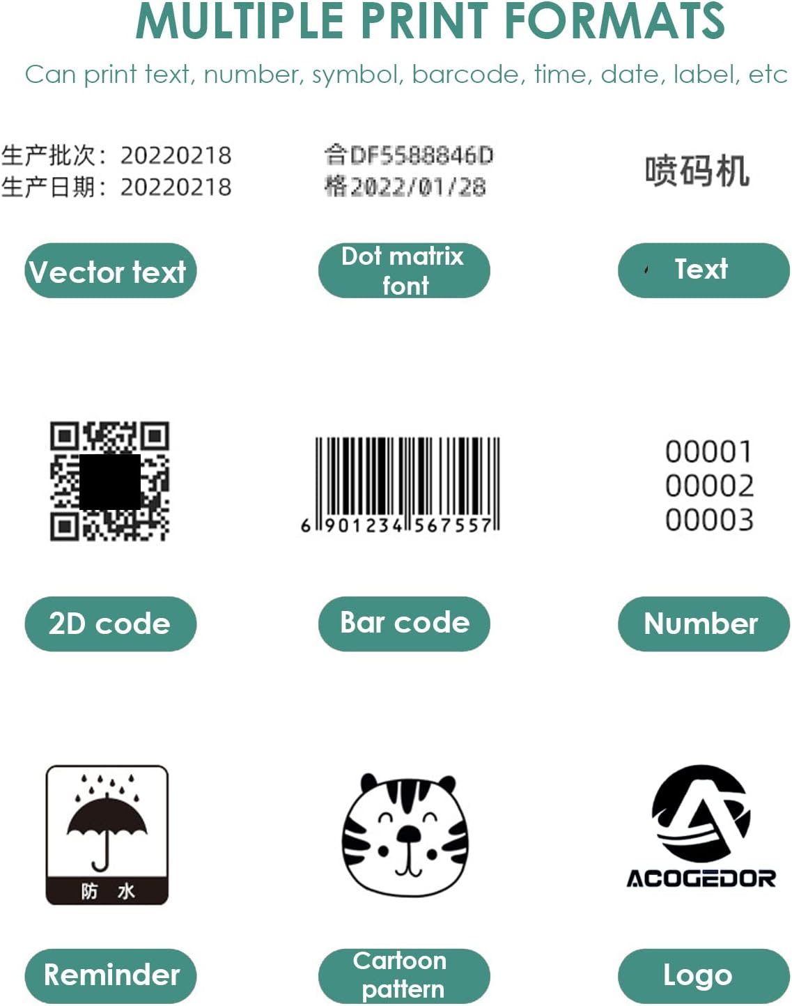 Acogedor Handheld Printer, Handheld Mobile Inkjet Printer with LED , Portable Printer Inkject Coding Machine for Barcode, Label, Date, Text