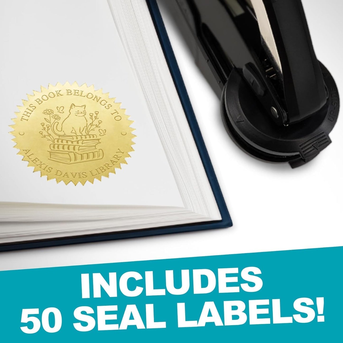 Custom Library Embosser - Style 107 - Embosser, Wood Stamp or Self Inking Stamp - Book Embosser Includes 50 Gold Seals - Custom Stamp Seal from The Library of