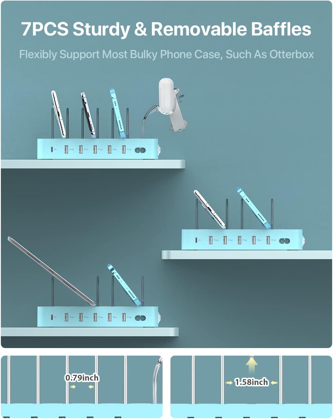 SooPii 60W 6-Port PD Charging Station for Multiple Devices, 20W PD USB C Fast Charging for lPhone 14/13/12,6 Short Cables Included, 2 in 1 Holder,for Phones,Tablets and Others…