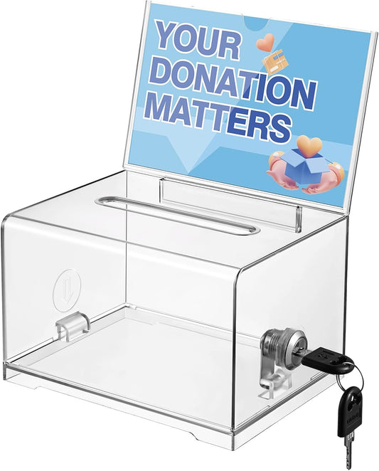 Polmart Clear Donation Box with Lock - Secure Ballot Box with Removable Sign Holder 2 Keys - for Money, Cards, Votes, Tickets, Feedback Collection (4.75"D x 6.29"W x 8"H)