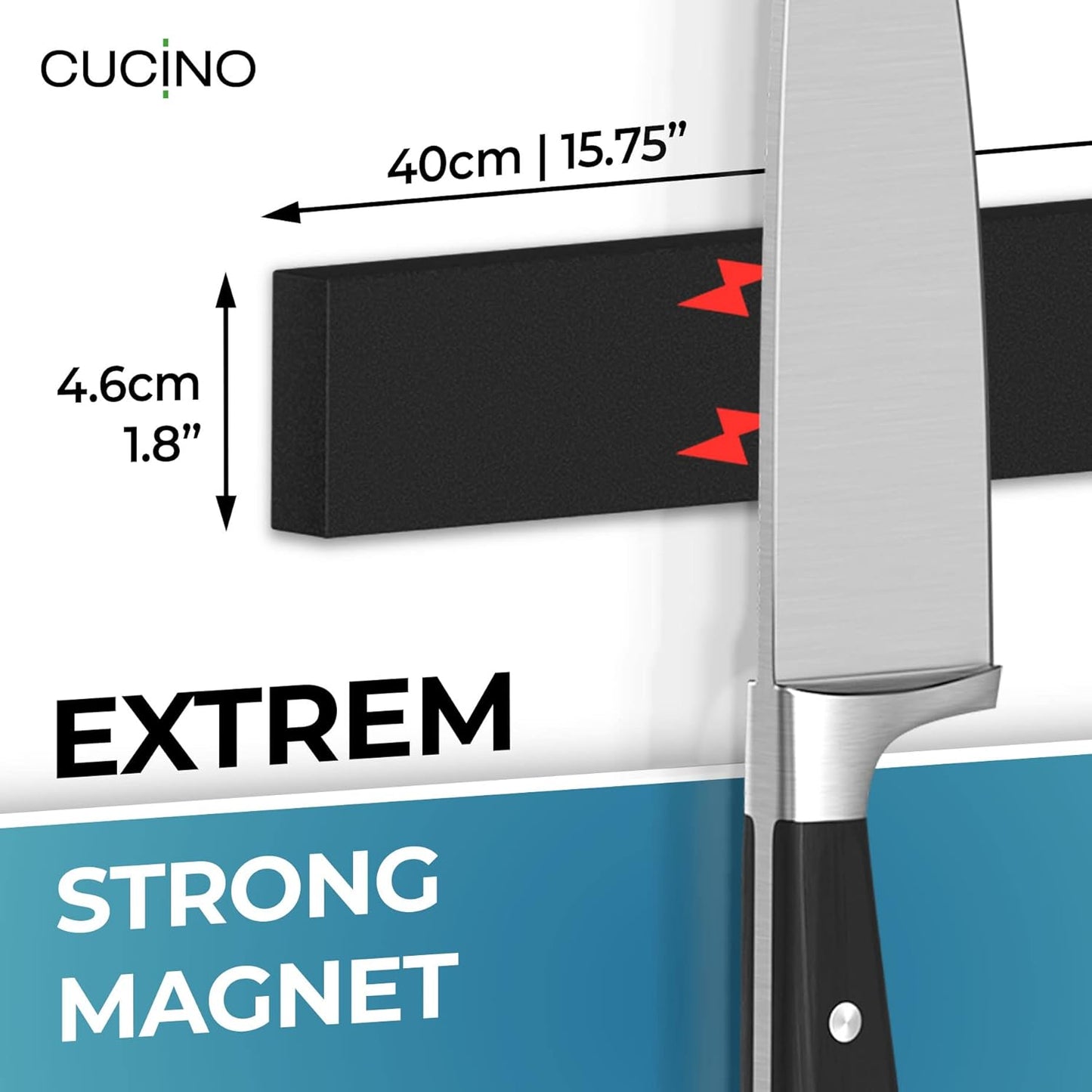 CUCINO Magnetic Knife Holder for Wall 16" No Drilling incl. Self Adhesive Tape - Extra strong Knife Holder - Awarded Knife Magnetic Strip - Made of Stainless Steel - black
