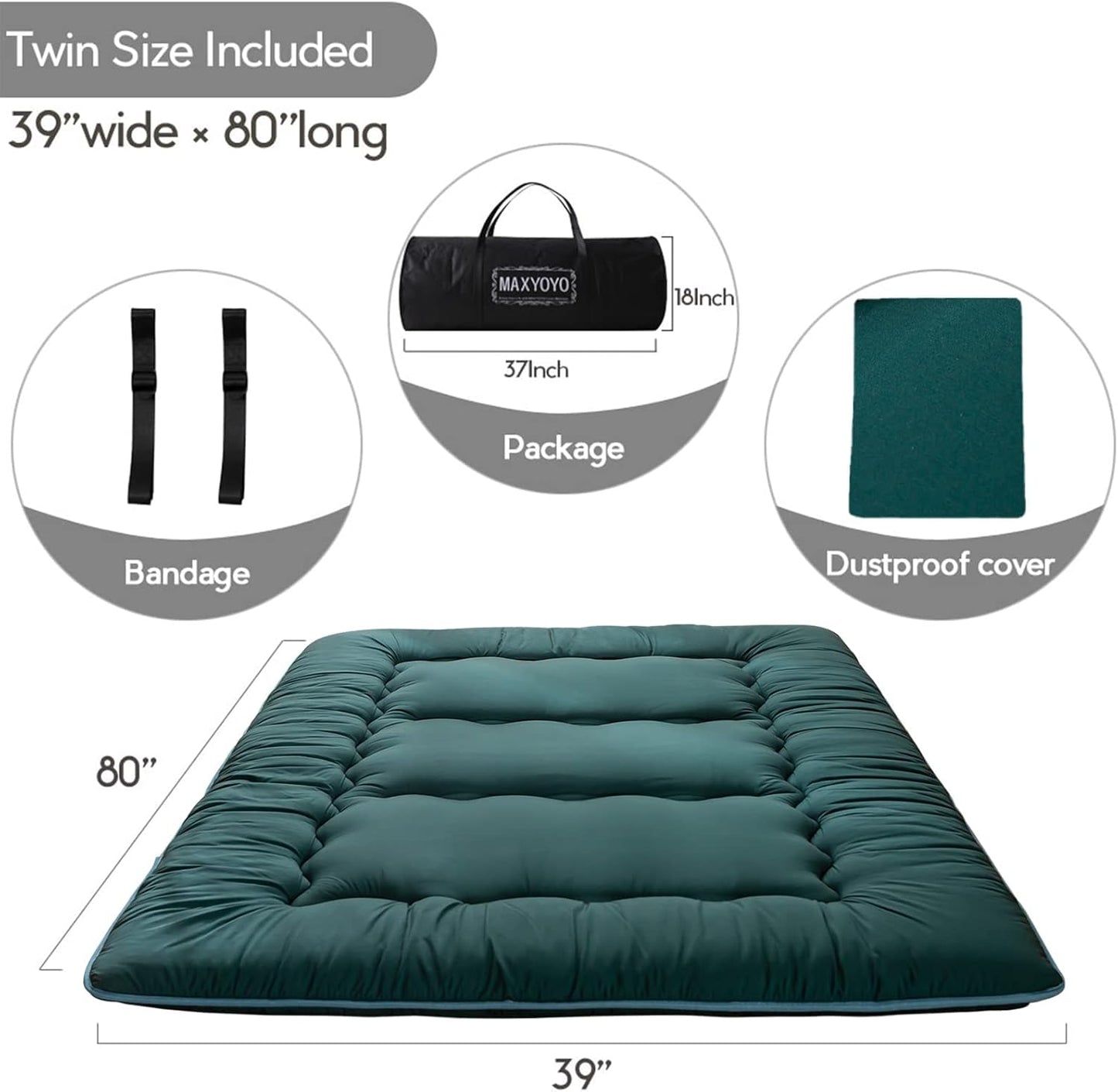 MAXYOYO Japanese Floor Mattress Futon Mattress, Thicken Sleeping Pad Foldable Roll Up Floor Futon for Adults Tatami Mat Dormitory Bed Lounger, Dark Green, Twin Size