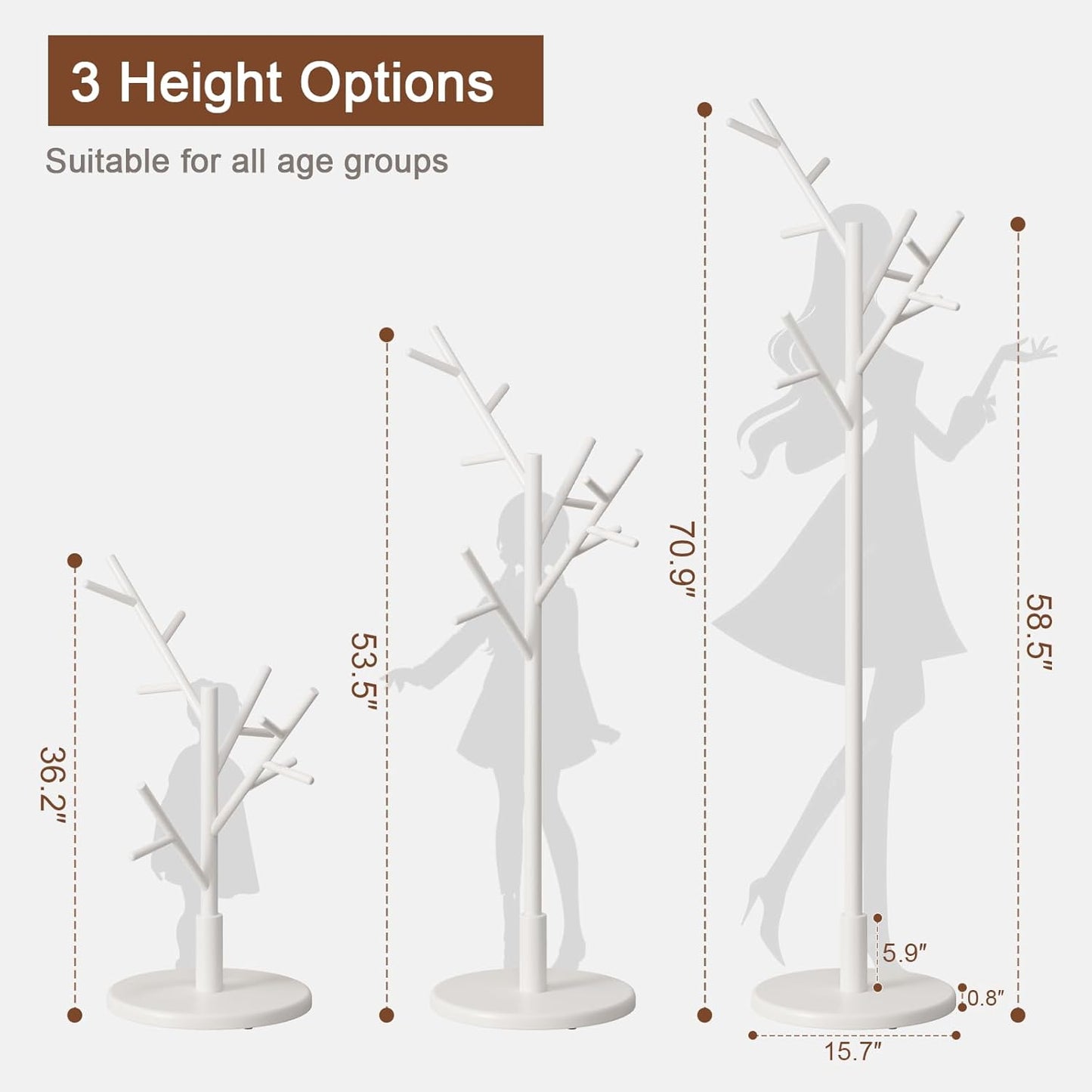 Coat Rack, Solid Wood Coat Rack Freestanding with 12 Hooks, Coat tree freestanding 3 Adjustable Heights for coat, Hats, Handbags，Coat Stand for Entryway,Bedroom (White)