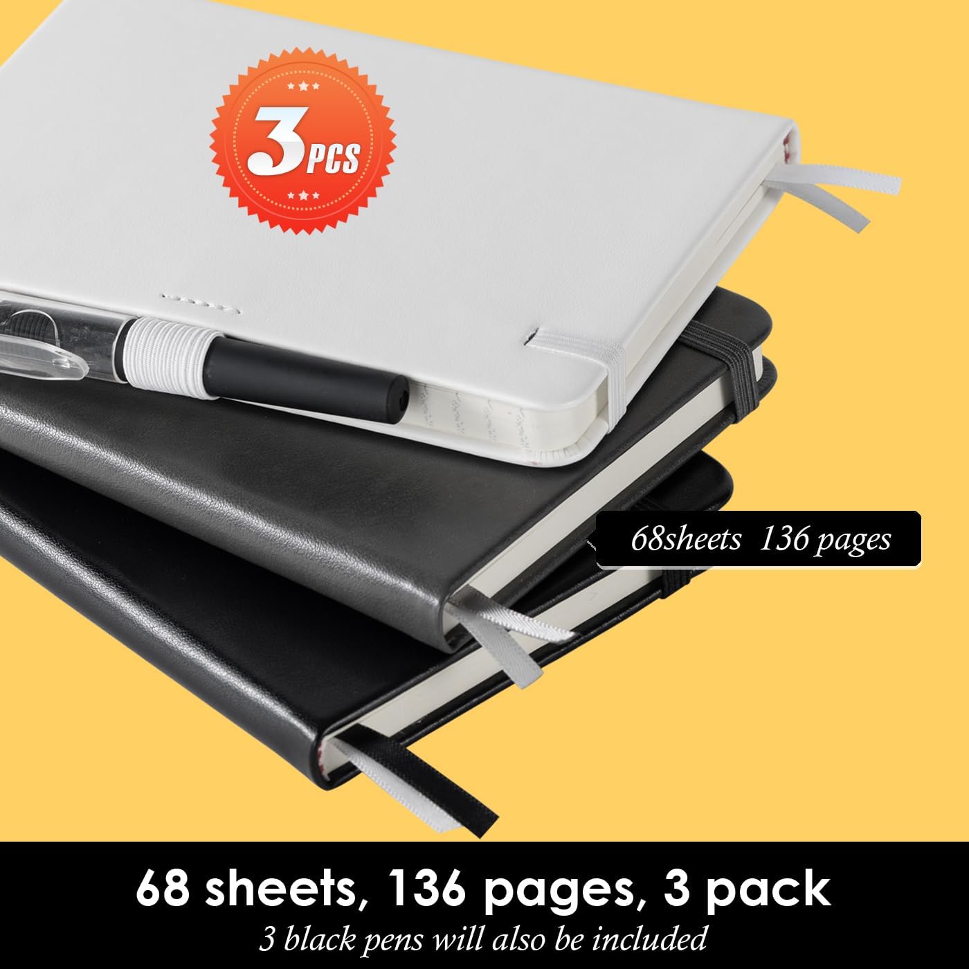 Small Notebook Pocket Size Journal 3.7" x 5.7", 3 Pack, (White, Grey, Black), 408 Pages, A6 Mini Notepad with Pen, Small Leather Note Book, 100GSM Lined paper, Hardcover
