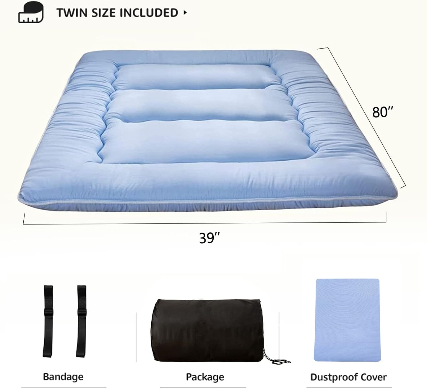 MAXYOYO Japanese Floor Mattress Futon Mattress, Thicken Sleeping Pad Roll Up Mattress Mattress Pad Foldable Floor Lounger Bed Boys Girls Dormitory Mattress Pad, Dusty Blue, Twin Size