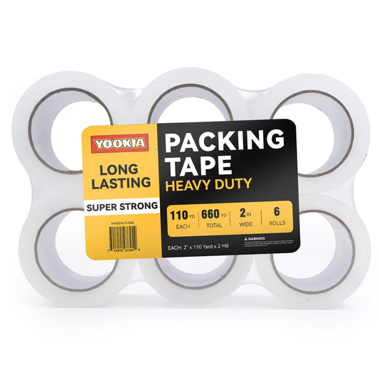 Clear Packing Tape Refills 6 Rolls, Total 660 yd., Heavy Duty Shipping Tape, Each 2 inch x 110 Yards x 2 mil Thick for Shipping, Packaging, Sealing and Moving