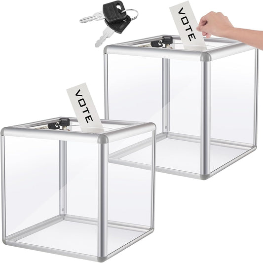 2 Pcs 12 x 12 x 12 in Acrylic Donation Raffle Box with Slot & Lock, Large Clear Ballot Offering Suggestion Ticket Container for Fundraising Drawing Tip Jar Voting (Clear)