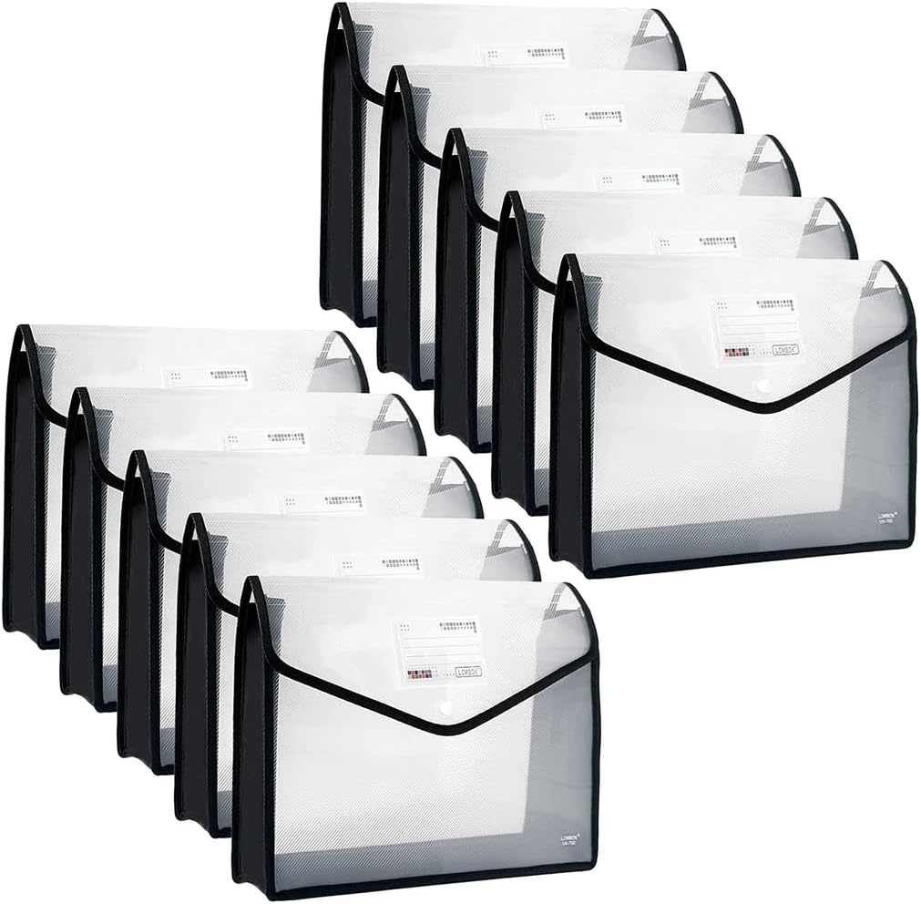 YoeeJob Plastic File Folders Legal Size Expandable Document Folder with Snap Button Closure, A4 Expanding File Wallet Envelopes Pouch with Label Pocket, 10 Packs