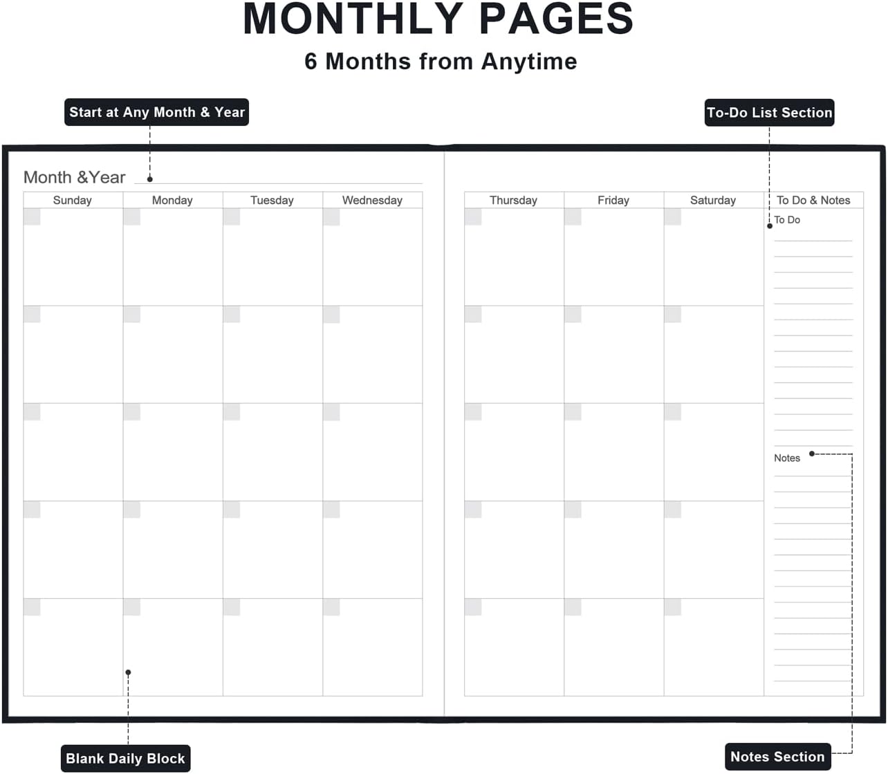 Daily & Monthly Planner for 2025 2026 or Anytime - ADHD Planner Two Pages Per Day, Daily Planner Undated to Increase Focus, Eliminate Overwhelm, Achieve Your Biggest Goals, 8.5'' × 11'', Black
