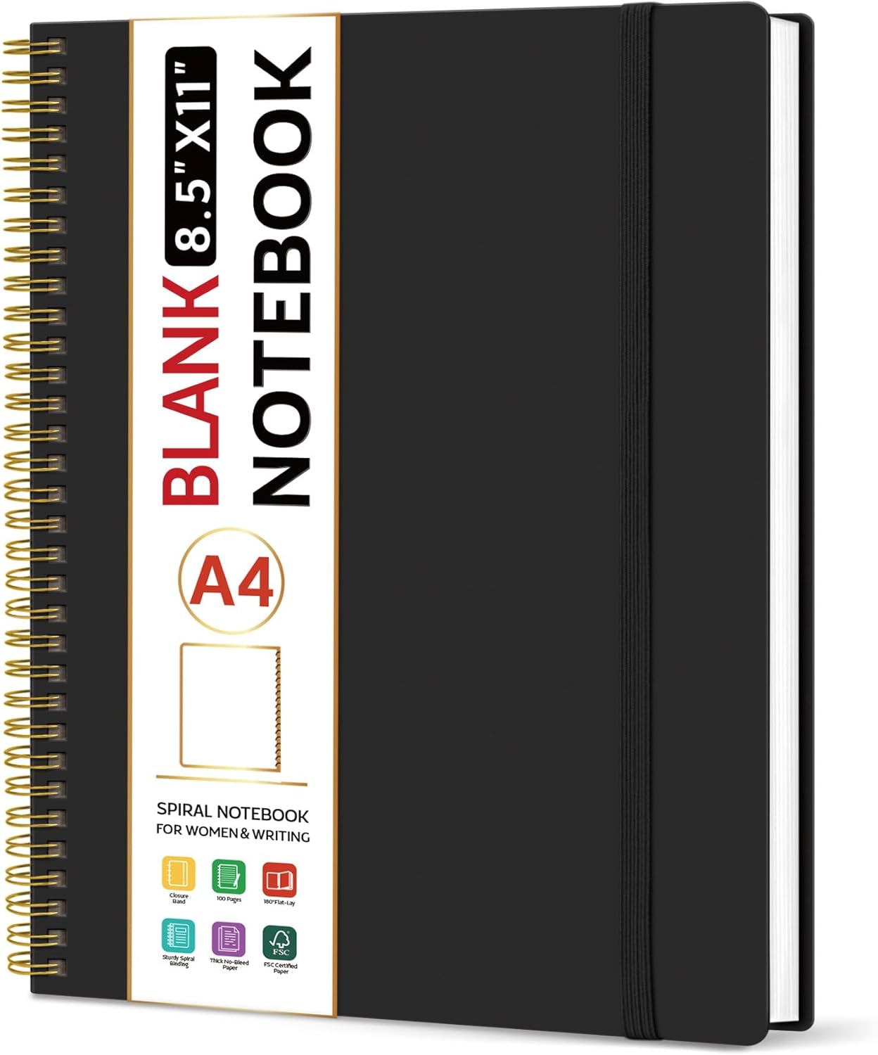 Taja Spiral Blank Notebook, 8.5"x11" Notebooks for Work, Large A4 Journal for Women & Men, Sketch Journal, Journaling Notebook for Writing, Plastic Cover Spiral Journal, Black