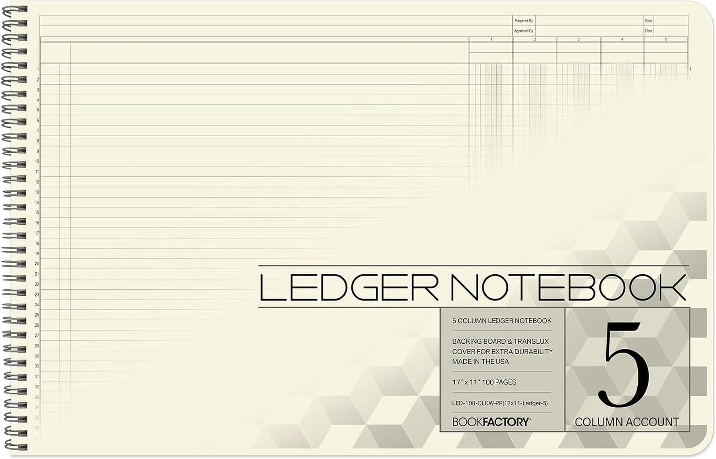 BookFactory Accounting Ledger Notebook/Large 5 Column Accounting Ledger Columnar (Five Columns) Log Book - 17'' x 11'', 100 Pages, Wire-O Landscape Format (LED-100-CLCW-PP(17x11-Ledger-5)-AX)