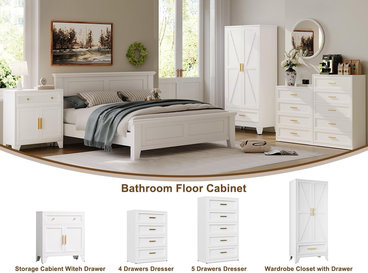 Farmhouse Wardrobe Cabinet with One Drawers,Metal Wardrobe Closet with Hanging Rod,Metal Armoire with Adjustable Shelves for Bedroom,Living Room, Cloak Room,Office (White)