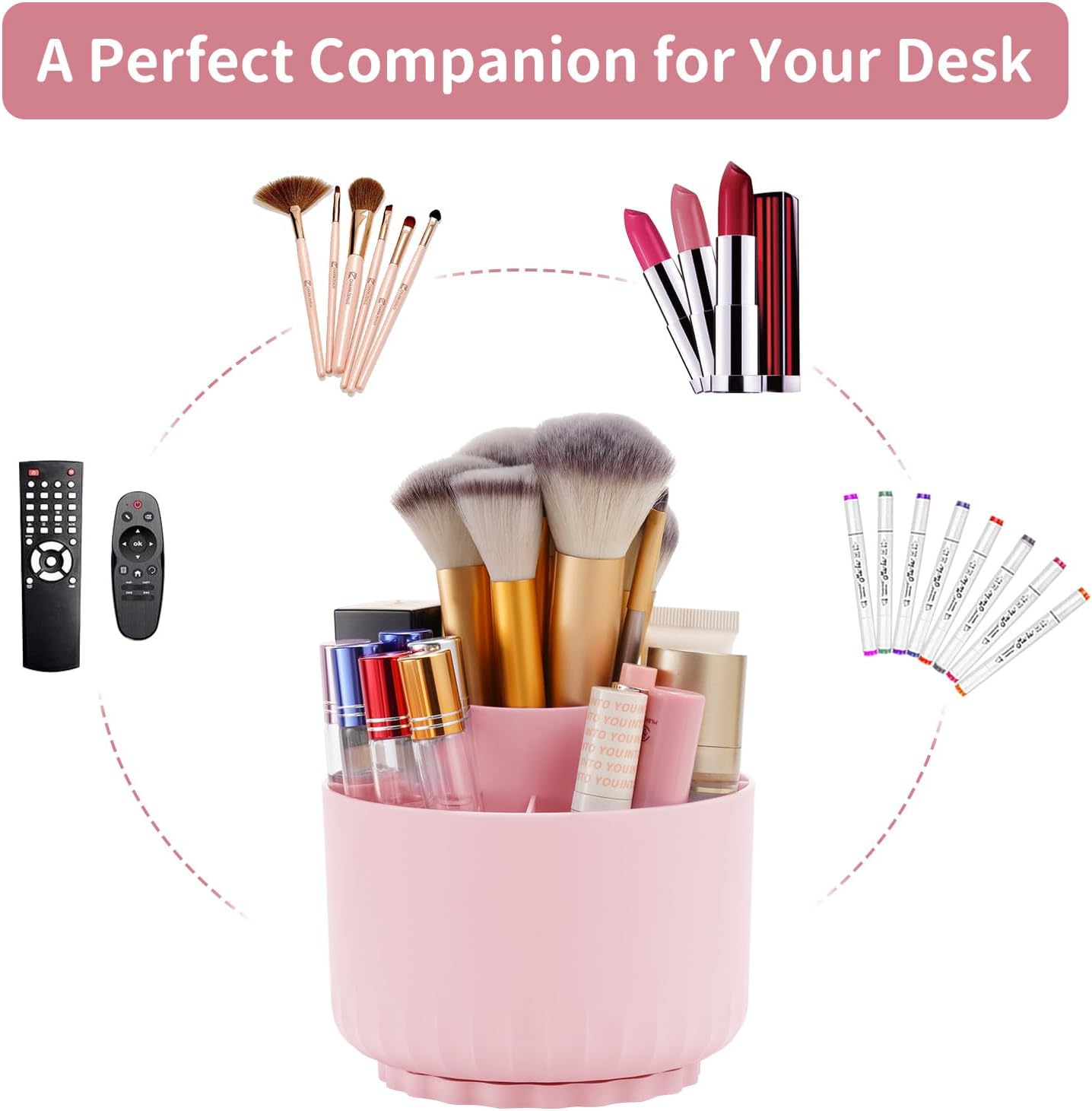 Marbrasse Desk Organizer, 360-Degree Rotating Pen Pencil Holder, Desk Organizers and Accessories with 5 Compartments Pencil Organizer, Art Supply Storage Box Caddy for Office, Home (Pink)