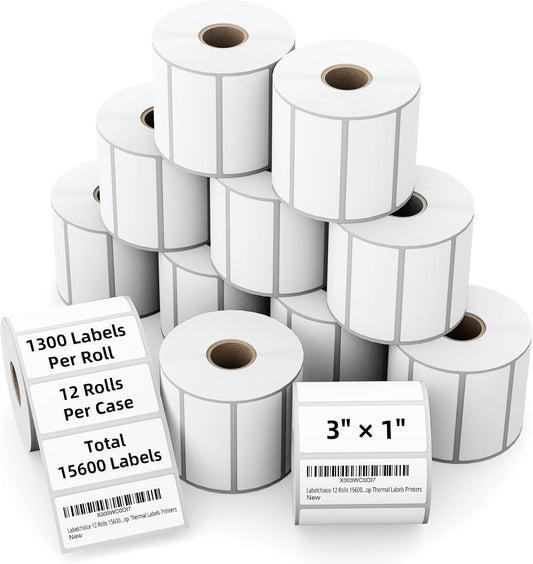 3"x1" Direct Thermal Labels for Zebra LP2844 GK420D ZD421 ZD420 Series, 12-Roll 15600 Pcs 1x3 Waterproof Strong Adhesive Barcode Return Address Label Used with Rollo MUNBYN Desktop Printer