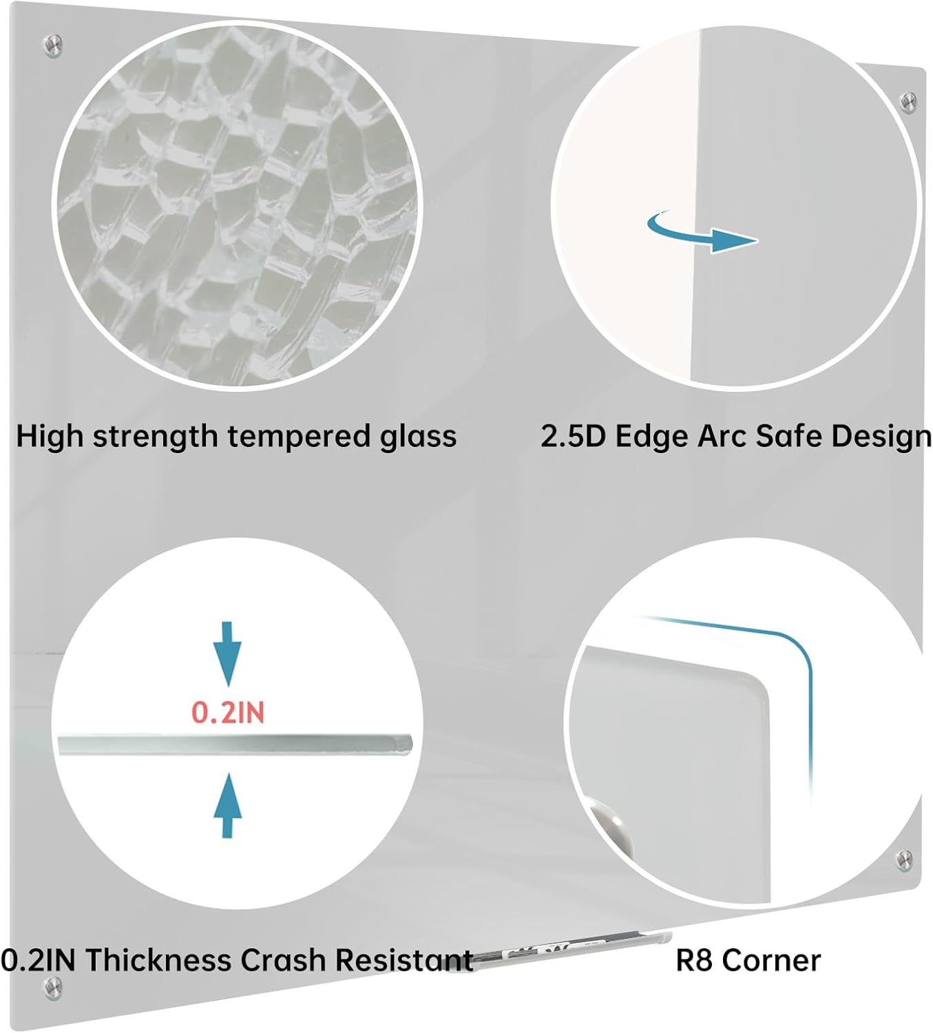 Magnetic Glass Dry Erase Board - White Board 48 x 36 Inch Wall Mounted Glass Whiteboard, Large Frameless Glass White Board for Wall Office, Home & School, Gray