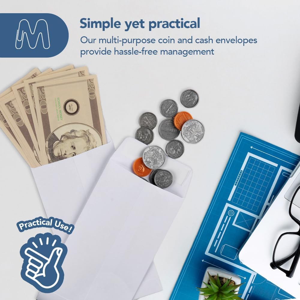 MOS #7 White Coin Envelopes 3.5 x 6.5 Inch 120 Pack — Self-Seal Money Envelopes for Cash, Budgeting, Savings Challenges, Seed Storage, Small Parts