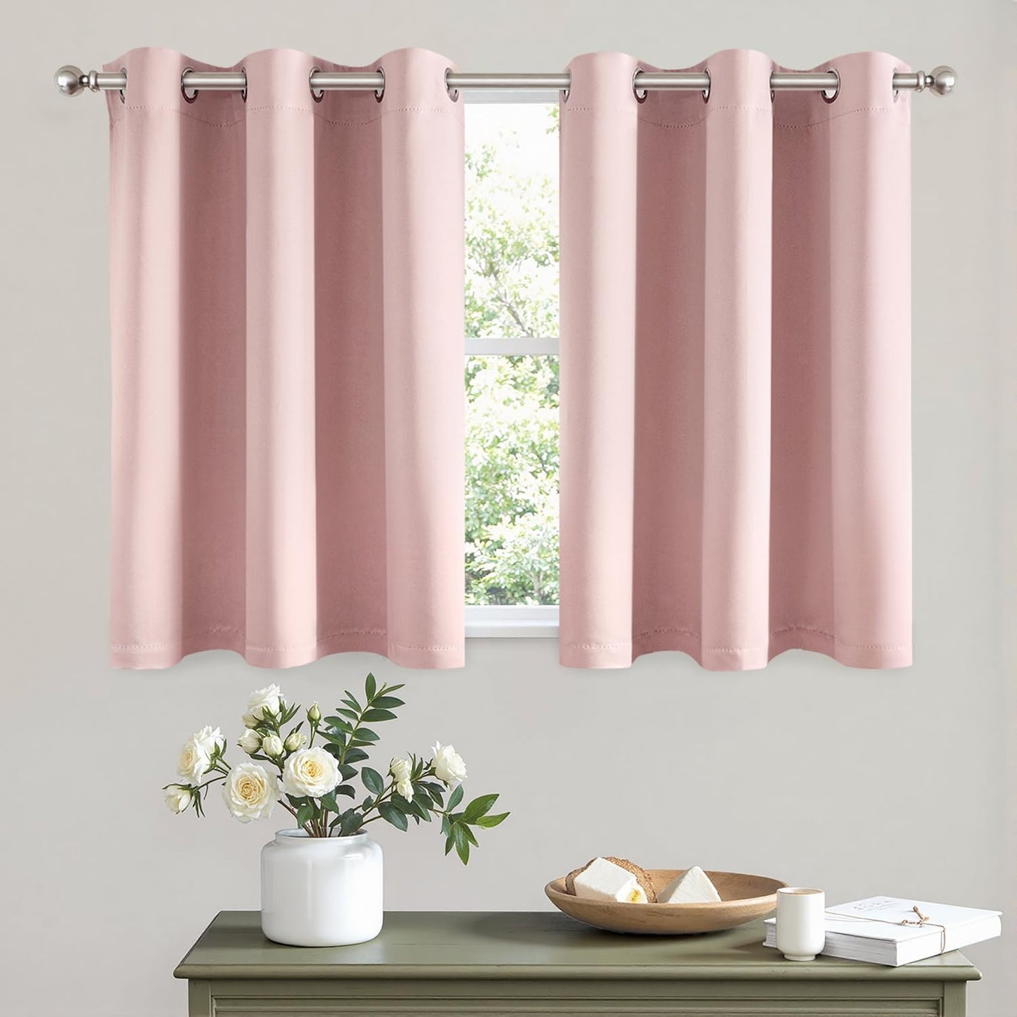 MIULEE Short Curtains for Windows - Baby Pink Blackout Half Window Curtains Thermal Insulated Privacy Drapes for Kitchen Bedroom Bathroom Grommet Top Small Basement Tiers W40 x L36 Inch 2 Panels
