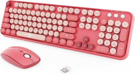 Wireless Keyboard and Mouse Combo, 2.4 GHz Wireless Full-Sized Typewriter Keyboard with Round Keycaps for Windows, Computer, Desktop, PC, Laptop (BerryPink)