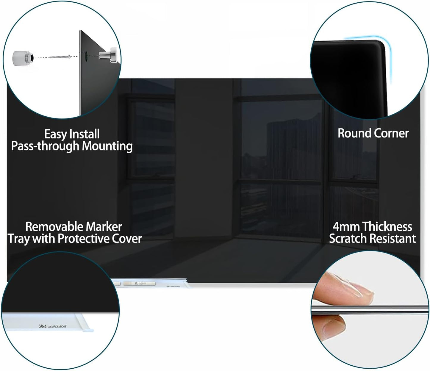 J&J worldwide Glass Whiteboard 6' x 4', Magnetic Black Glass Dry Erase Board, Black White Board Frameless, Includes Markers, Magnets, Marker Tray, Eraser for Wall, Office, Home, School