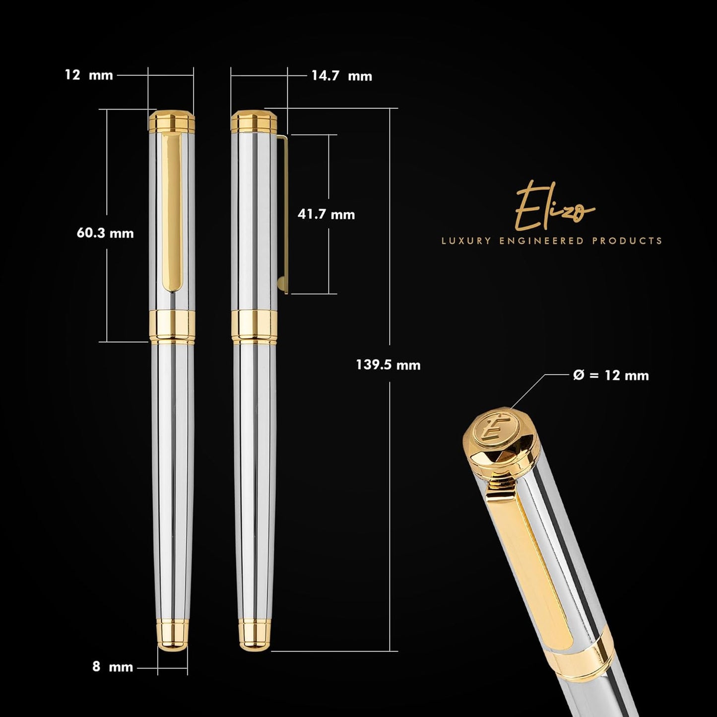 ELIZO Luxury Pen Fancy Real 24K Gold Plated Trim Chrome Silver Nice Pen Gift Rollerball Cool Best Pens Schmidt Ink EDC Pen Executive Smooth Writing Pens for Men Women