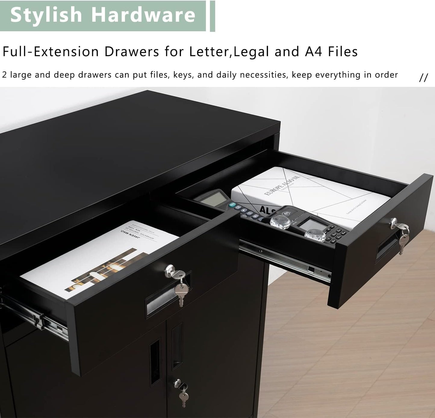 Metal Storage Cabinet with Locking Doors and 2 Drawers, 36” Garage Cabinet for Classroom, Home and Office - Black