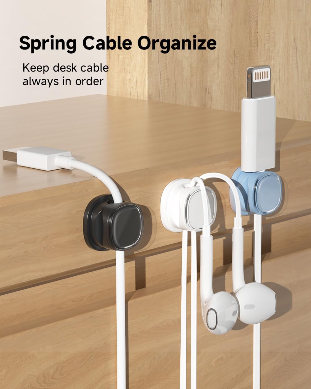 9 Pack Cord Organizer, Spring Cable Management, Adhesive Cute Cable Holder Clips, Phone Charger Wire Keeper for Desk Nightstand Car Office (9-Pack White_Blue_Black)