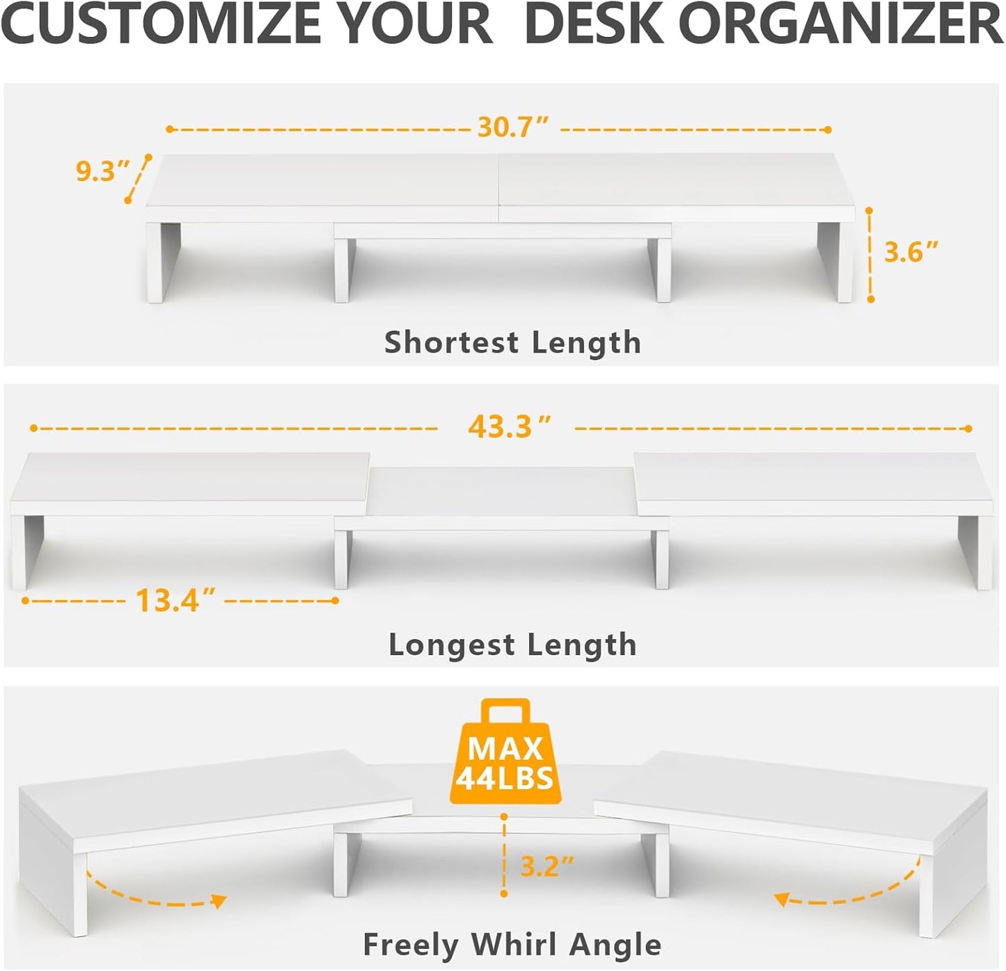 TAVR Furniture Dual Monitor Stand Riser, Computer Monitor Stands for 2 Monitors, Extra Long Multifunctional Desktop Organizer Riser for Computer, Laptop, PC, Printer, TV, Max 43.3" Length, White