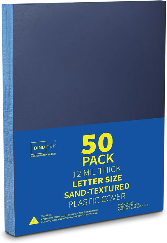 Binditek 50 Pack 12 Mil Sand-Textured Polycover, Midweight Binding Front and Back Covers, Lightly Sanded Finish, 8-1/2" x 11", Square Corners, Un-Punched, Navy, Office Supplies