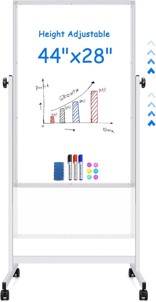 maxtek Rolling White Board, 44 x 28 Height Adjustable Whiteboard on Wheels, Large Magnetic Standing Mobile Easel Board, Double-Sided with Stand for Office, Home, and Classroom