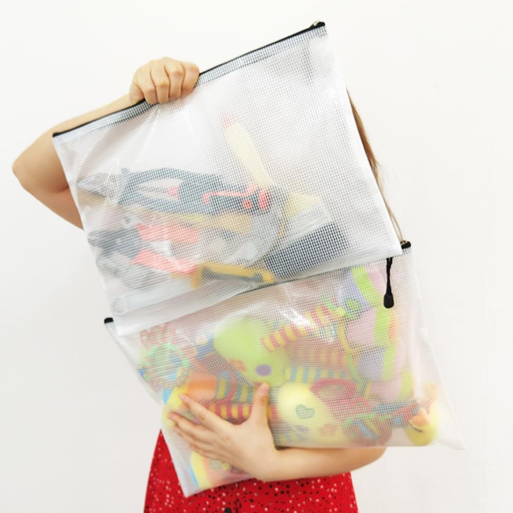 AUSTARK 10 Pcs Zipper File Bags, Waterproof Plastic Mesh Pouch for Office School, Board Game Storage Bags (B4 Size 15''x11'', White and Black)