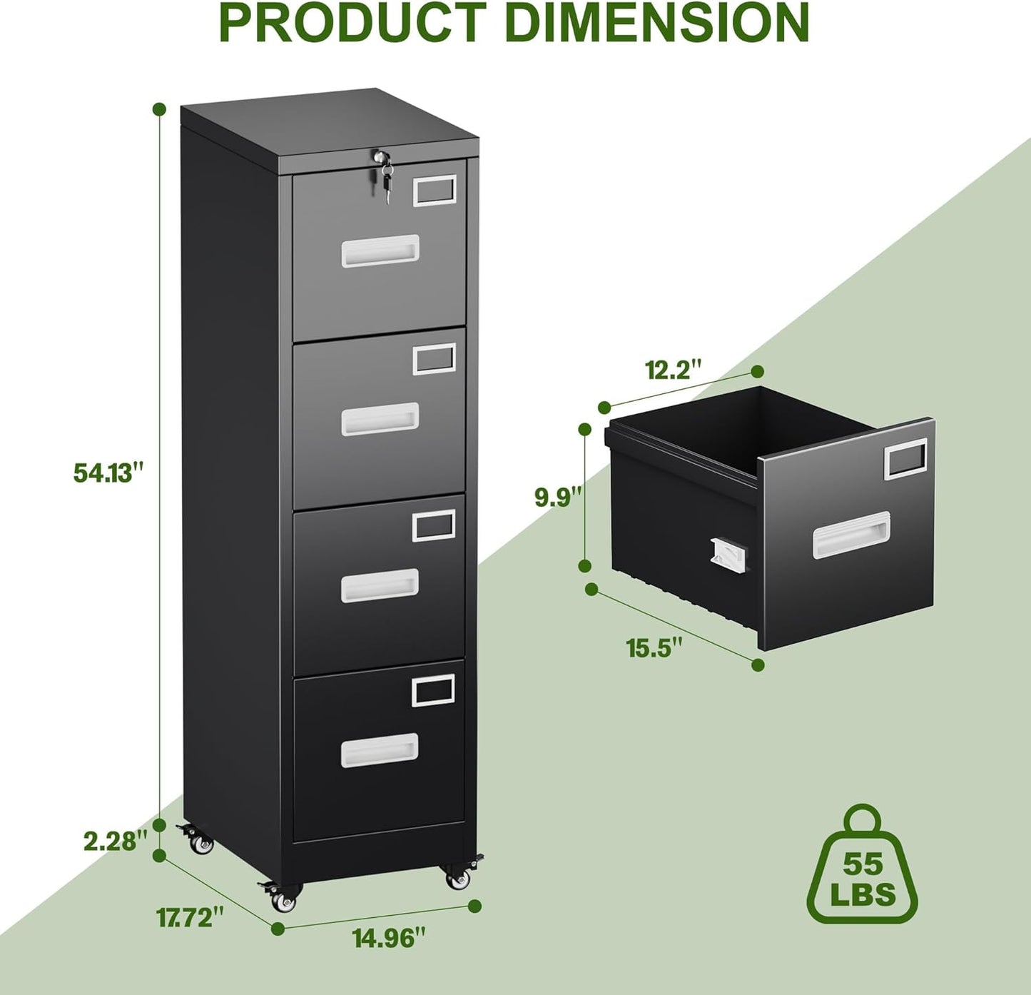 Aobabo 4 Drawer File Cabinet with Wheels, Lockable Metal Filing Cabinet with Name Card for Office and Home,Assembly Required,Black