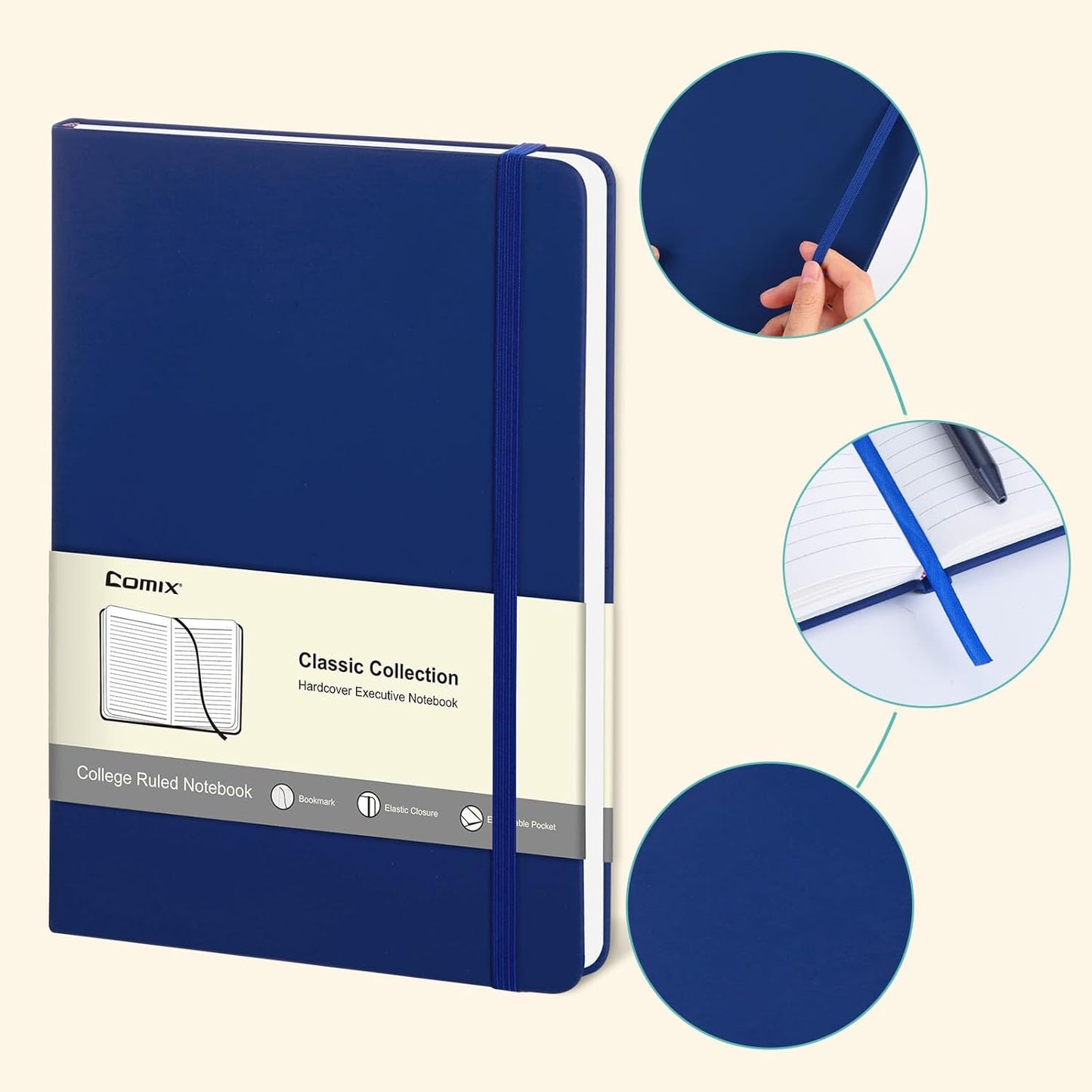 Comix Lined Journal Notebook for Women Men, Journaling Notebooks for Office School Home, 240 Pages, 5.5" x 8.3", College Ruled, A5, Hardcover, Navy Blue